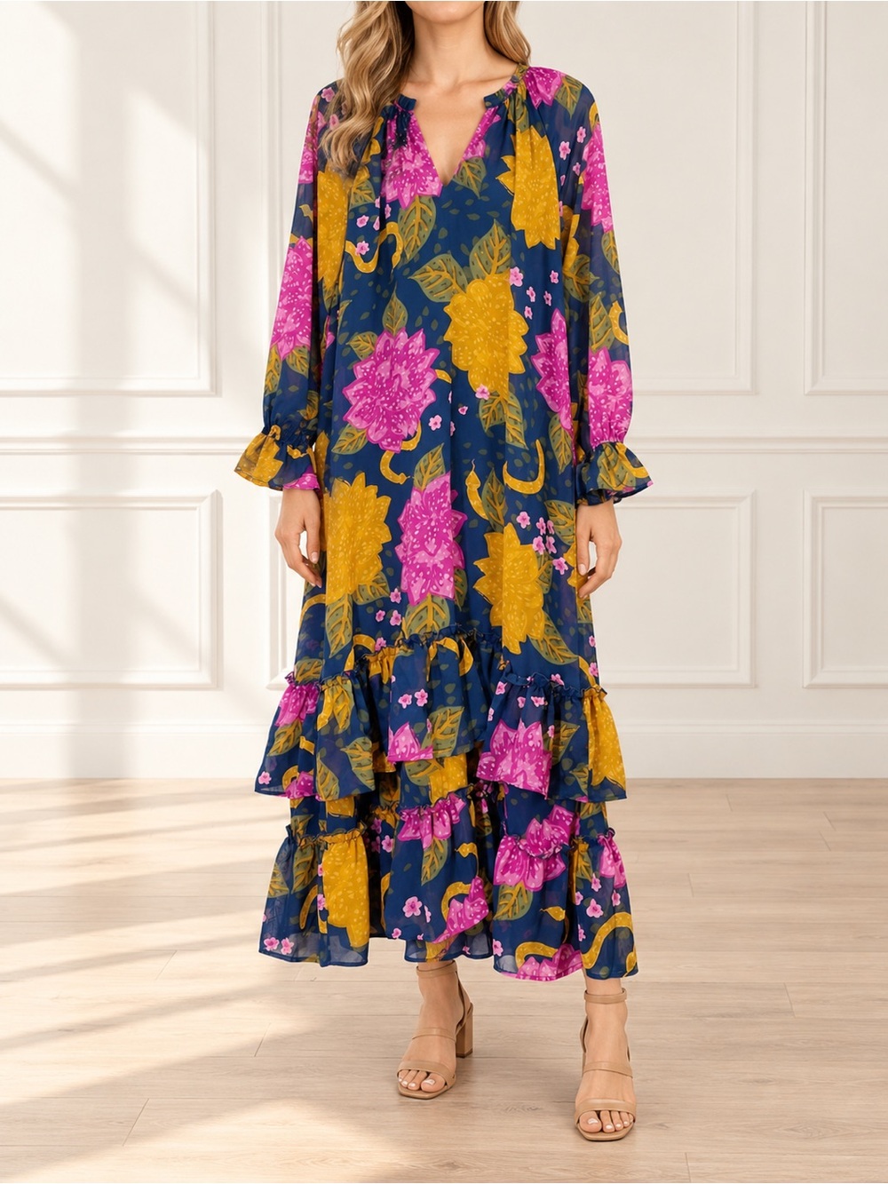 NWT Mud Pie Size Medium Navy Floral Chiffon Tiered Maxi Dress Boho Ruffle Fall